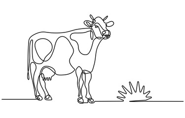 Continuous one line drawing dairy cow. Cattle. Dairy industry. Milk. Side view of a cow. One continuous line isolated minimal illustration.
