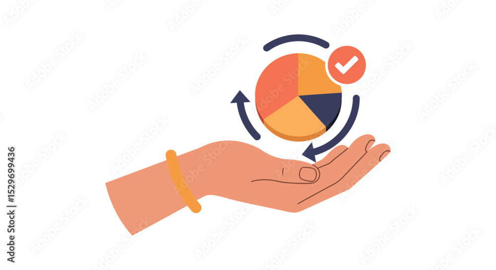 Poster business strategy concept with hand holding pie chart and check mark - design for presentation and a