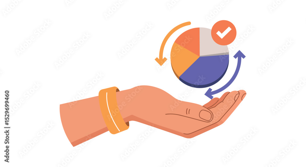 Poster business data visualization concept with hand holding colorful pie chart and arrows for analytics de
