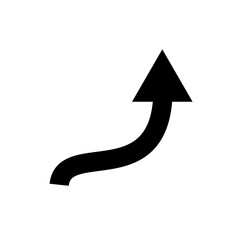Black curved arrow pointing upward on white background, simple vector icon design for navigation, growth, progress and direction concepts