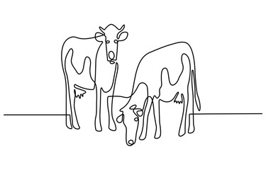 Continuous one line drawing dairy cow. Cattle. Dairy industry. Milk. Side view of a cow. One continuous line isolated minimal illustration.