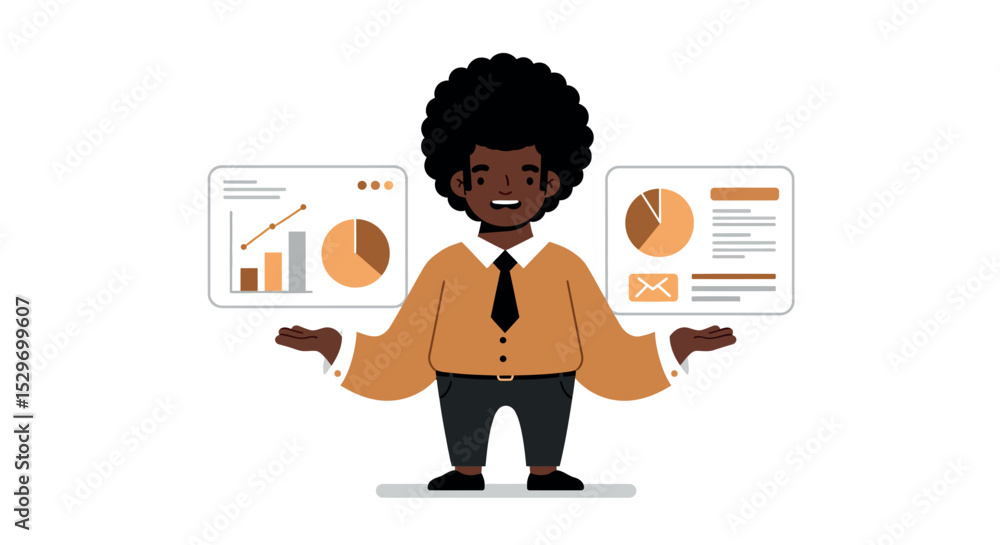 Poster business data analysis concept with smiling character and charts for professional presentation desig