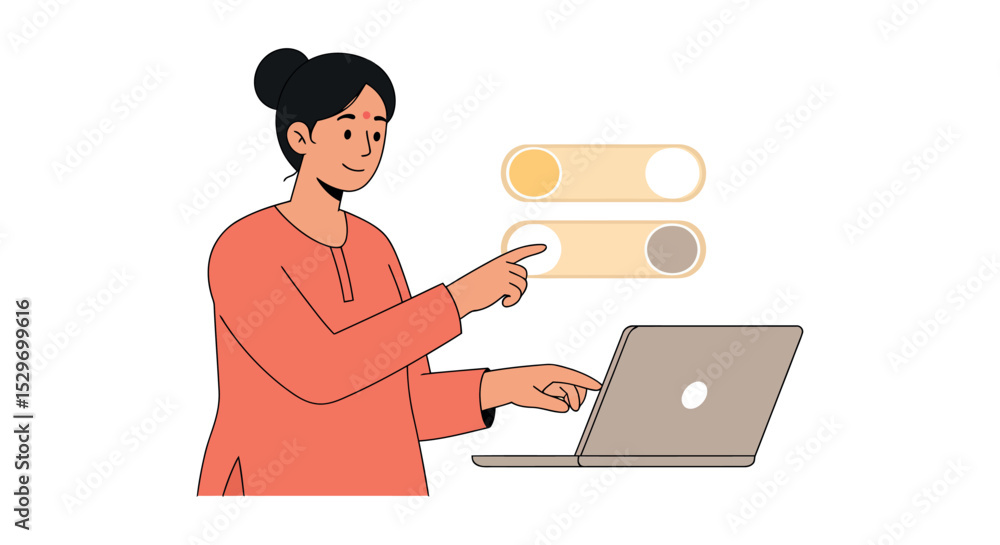 Aufkleber woman adjusting settings with laptop for efficient workflow and task management vector illustration