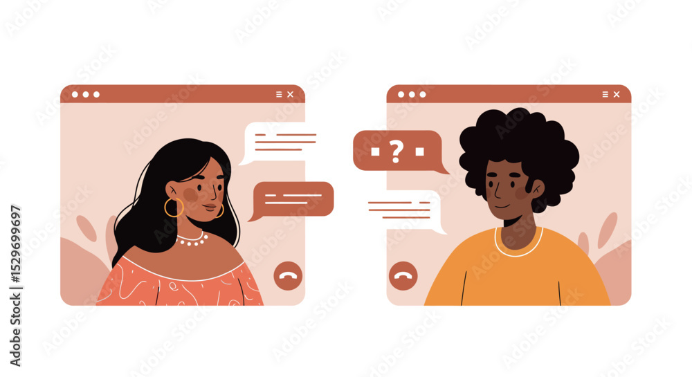 Poster virtual communication concept with two people chatting online for remote interaction and social conn