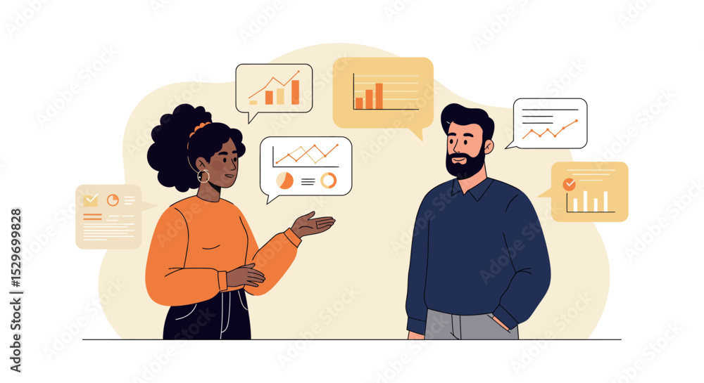 Poster business discussion on data analytics and growth strategies for effective communication vector illus