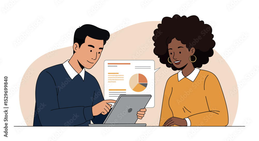 Aufkleber business meeting collaboration with digital technology for data analysis and teamwork vector illustr