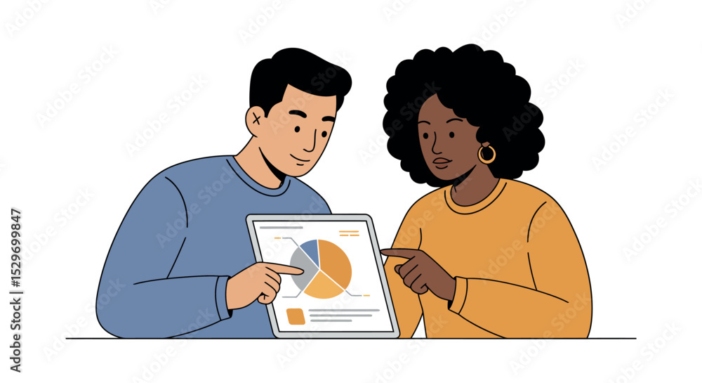 Poster collaborative analysis of business data on digital tablet by diverse team vector illustration