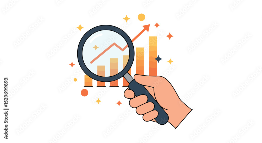 Poster analyzing data growth with magnifying glass and bar chart for business success vector illustration