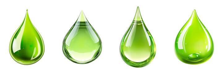Collection of detailed organic rounded green drops, isolated on a transparent background