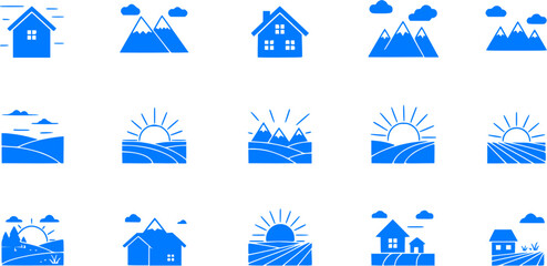 Collection of Blue Landscape and House Icons