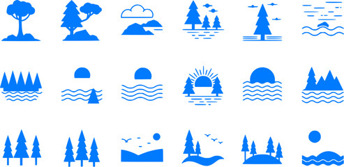 Collection of minimalist landscape icons in blue