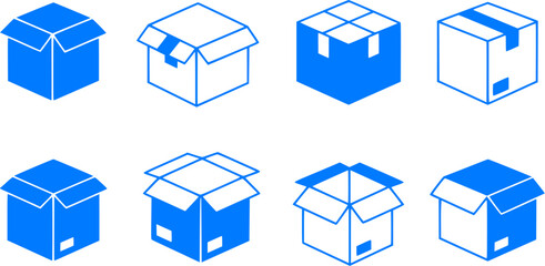 Isometric boxes collection. Blue line art on white background.