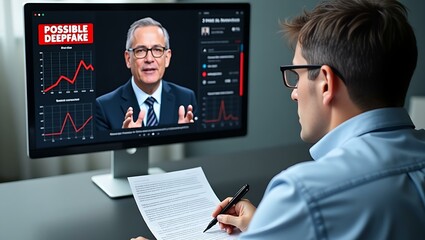 The thoughtful young man analyzes digital data on a computer, suspecting a deceptive media trend.