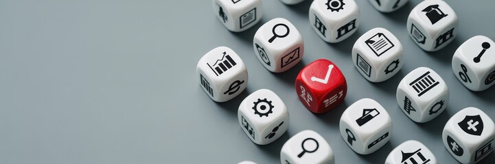 White dice with various black icons, one red die with a check mark.