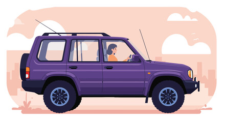 Woman driving a purple suv on a road with city buildings and clouds in the background during the day