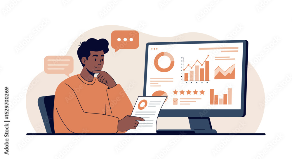 Poster business analytics professional analyzing data reports for strategic insights and decision making ve