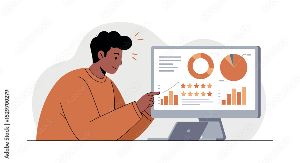Poster data analysis and business growth concept with young analyst exploring charts on monitor vector illu