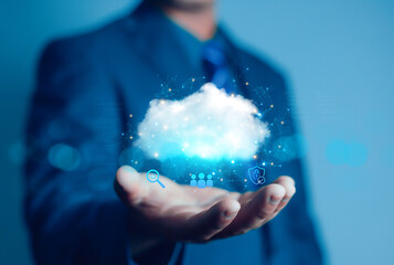 Cloud computing diagram showing cloud technology infographic icons and hand touch cloud in cloud...