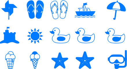 Blue Summer Icons Set - Beach, Vacation, Fun
