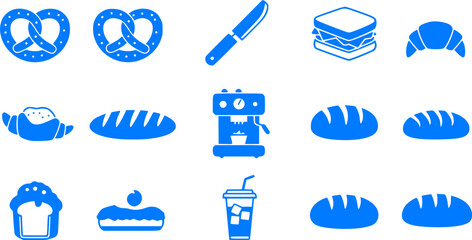 Bakery and Cafe Icon Set: Blue Silhouettes of Food and Beverages