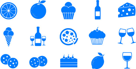 Set of blue food and drink icons: fruit, pastries, pizza, wine, cheese, ice cream.