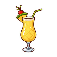 Pina colada cocktail with cherry and pineapple garnish in glass  