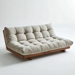 Comfortable neutral colored futon with wooden frame showcasing simple design on white background