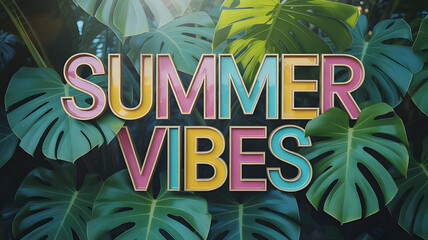 Summer vibes text with colorful letters surrounded by monstera leaves in a tropical setting