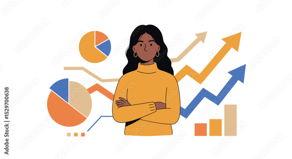 Poster confident businesswoman in data analytics with charts and graphs for business presentation vector il