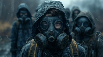 A hauntingly surreal image depicting a group of figures in gas masks walking through a bleak, rainy environment, evoking deep emotions about survival and isolation in a troubled world.