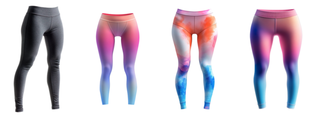 Collection of displayed yoga pants, isolated on a transparent background