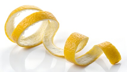 Single Curled Lemon Peel Strip On White Studio Background