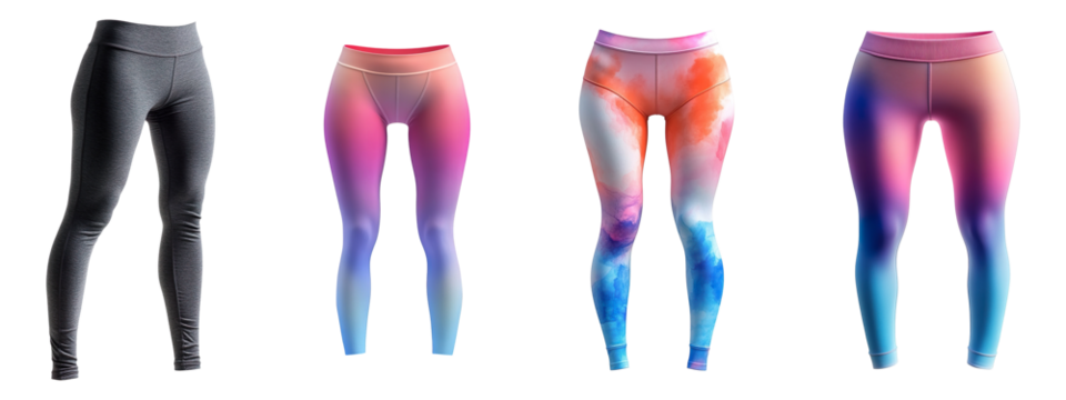 Collection of displayed yoga pants, isolated on a transparent background