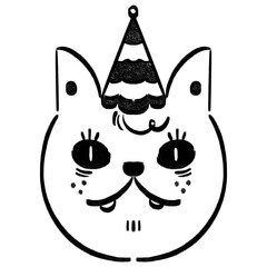 ‪Spooky Halloween Odd Animal Cat Hat Outline, ‬ Hand drawn Joyful Magical Monsters Doodle Sticker Tattoo Black and White Illustration.
