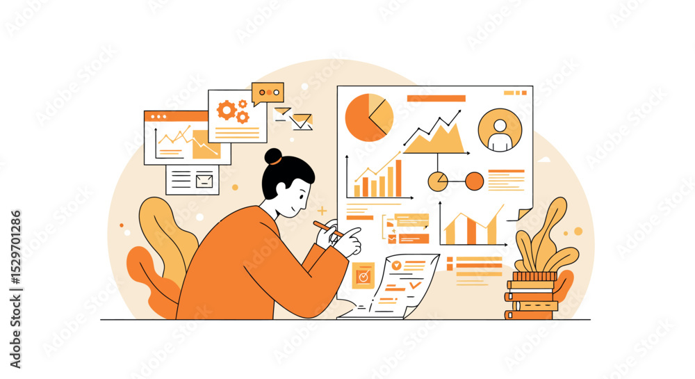 Aufkleber analyzing data and business growth with charts and graphics for effective planning vector illustrati