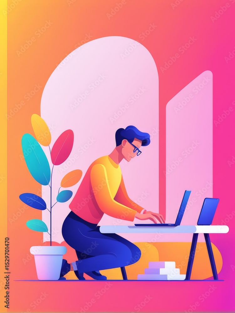Poster vector illustration. man in glasses working with virtual reality.vector reality.