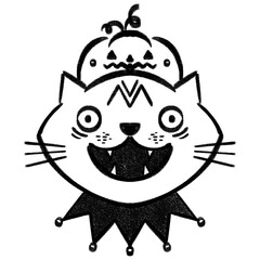 ‪Spooky Halloween Odd Animal Cat Smile Pumpkin Hat Outline, Hand drawn Joyful Magical Monsters Doodle Sticker Tattoo Black and White Illustration.‬