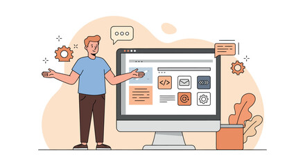 Fototapeta premium Web development concept with programmer and computer interface design elements vector illustration