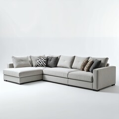 Contemporary sectional sofa with varied cushions, neutral toned living room furniture design on white background