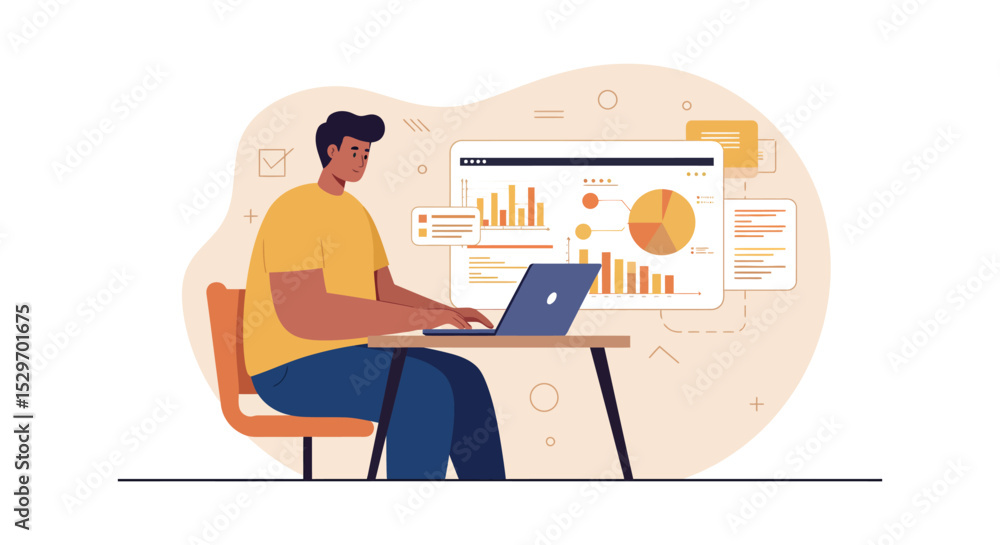 Aufkleber business analyst working on data visualization for project management and analysis vector illustrati