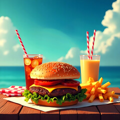 Delicious burger, fries, and drinks by the seaside.
