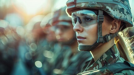 A focused female soldier stands in full military gear, showcasing strength and determination within a disciplined lineup, embodying values of courage and resilience.