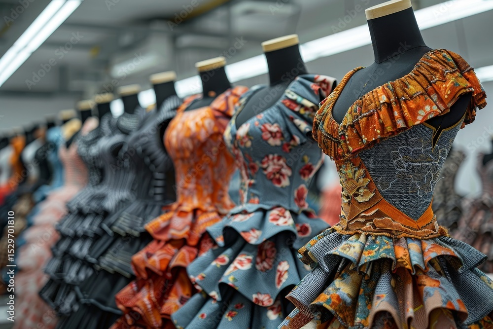 Poster this image showcases an array of beautiful dresses on mannequins, emphasizing vibrant patterns and i