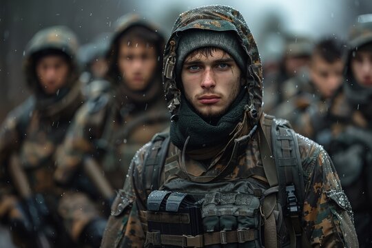 A determined young soldier stands prominently in the foreground with a serious expression, revealing the intense atmosphere surrounding a military training environment.