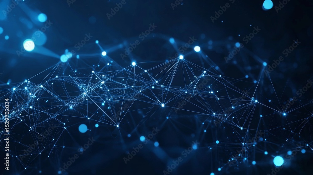 Poster abstract dark blue digital background with glowing lines and dot connections, futuristic network vis
