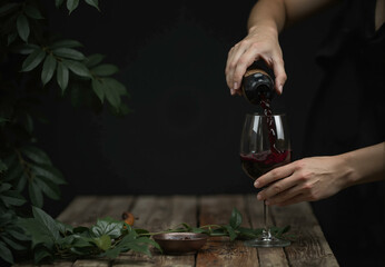Hand pouring red wine into glass. Sommelier or bartender serving alcoholic drink in restaurant, gourmet luxury beverage in wineglass