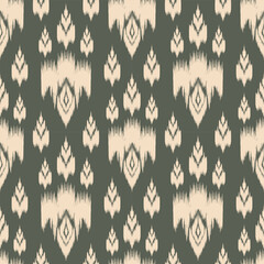 Hand drawn green ikat print with minimal tribal motifs and muted colors for sustainable fashion textiles, slow fashion projects, wall art, and digital surface designs with modern ethnic aesthetics