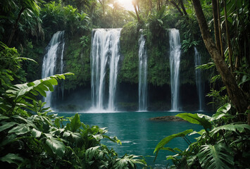 Tropical Waterfall Framed by Lush Green Foliage