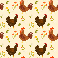 Funny seamless pattern with cute farm poultry. Hen, chicken, rooster. Summer print with a domestic bird and flowers. Vector pattern, hand drawn.
