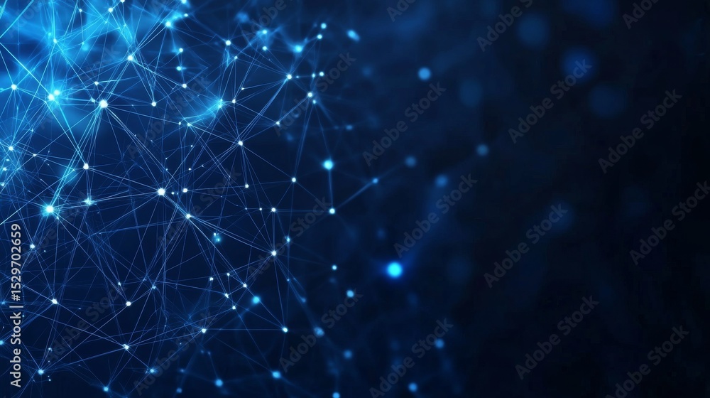 Poster abstract dark blue digital background with glowing lines and dot connections, futuristic network vis
